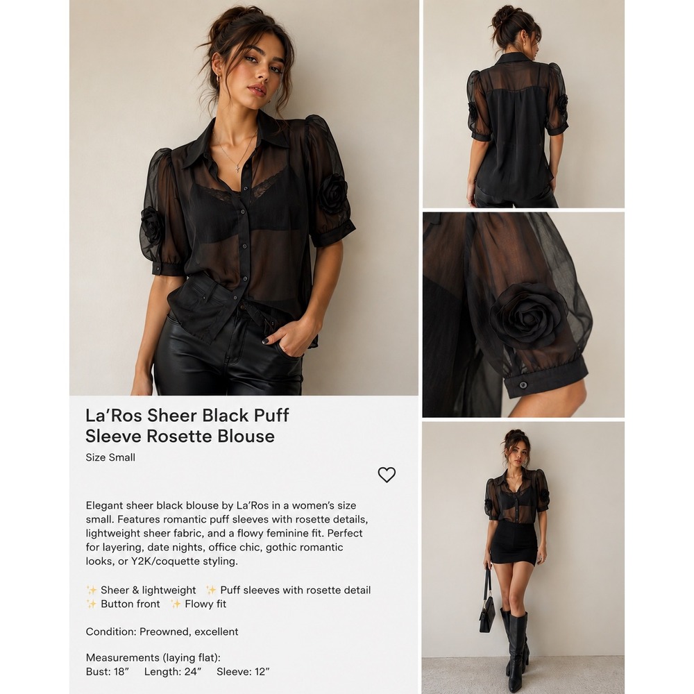 La'Ros Black Sheer Puff Sleeve Rosette Blouse‎ CT3690 Womens Small Floral Top